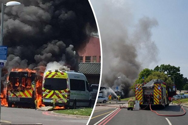 Three ambulances explode as blaze breaks out at UK hospital